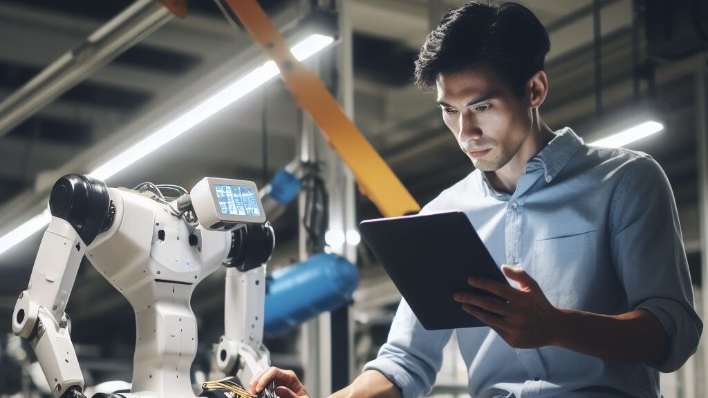 Digital work instructions being followed by a man working on a robot