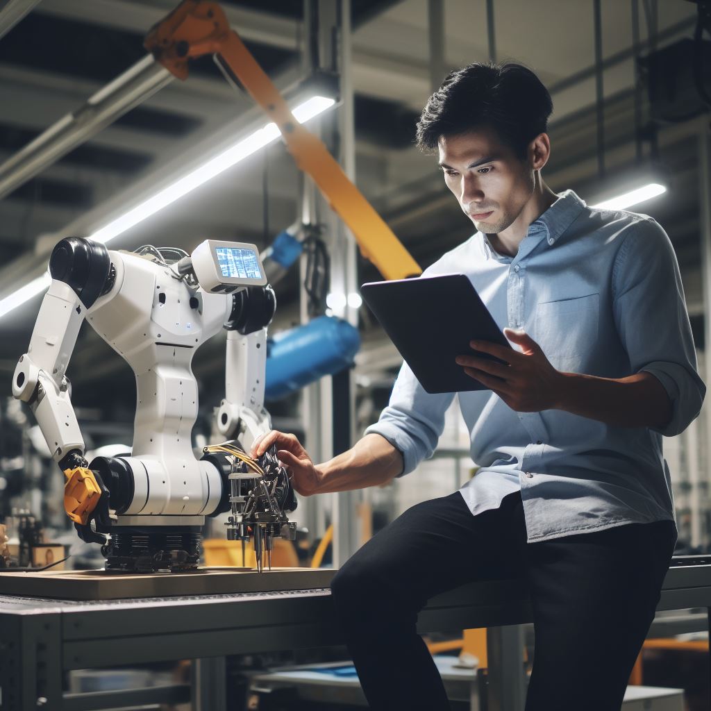 Man using digital work instructions to work on his robot