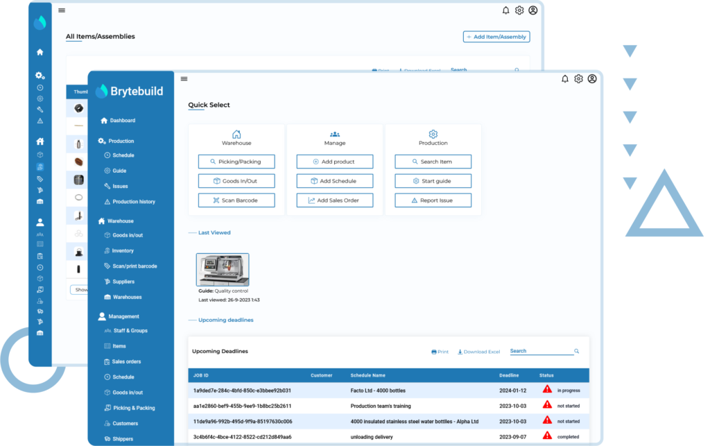 Images of two dashboards in the Brytebuild production managment software