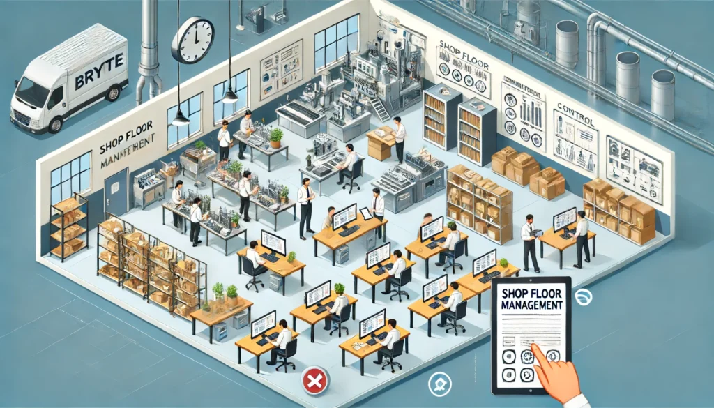 A 3d image of a warehouse shop floor management