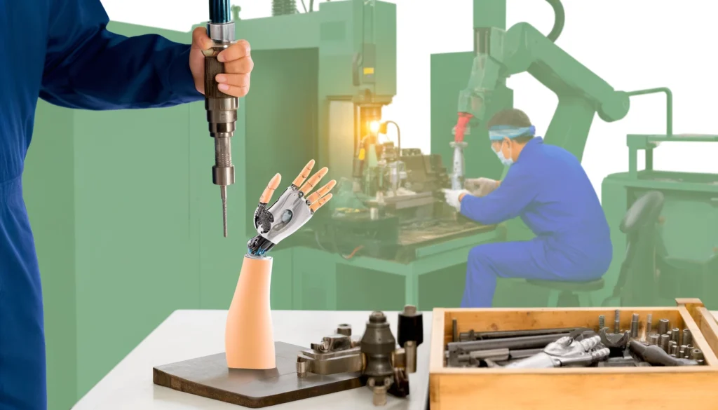 An image of a person in a job shop working on a prosthetic arm