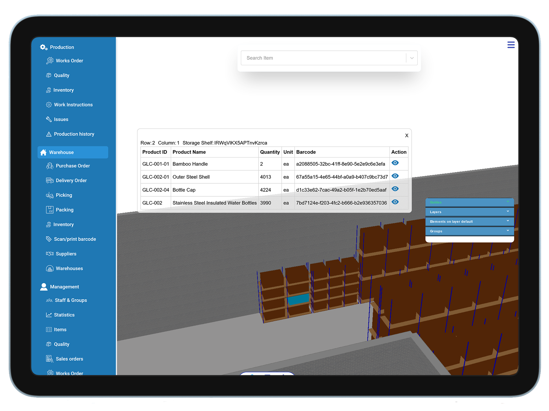 Brytebuild WMS on a tablet where a 3D warehouse is being displayed and a user has selected a storage rack to display its contents.